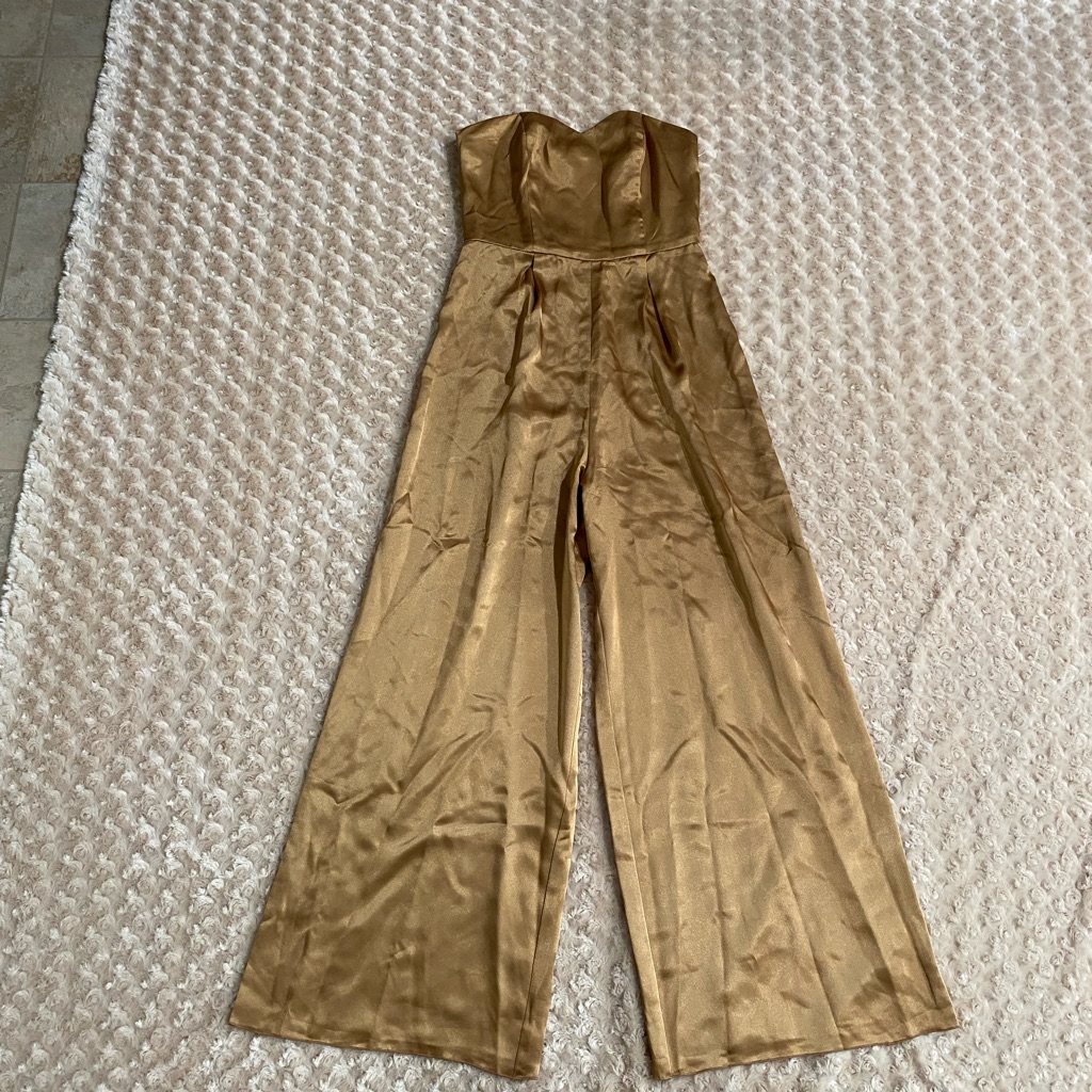 Women Small Waist 26 Inches Gold Satin Strapless Jumpsuit